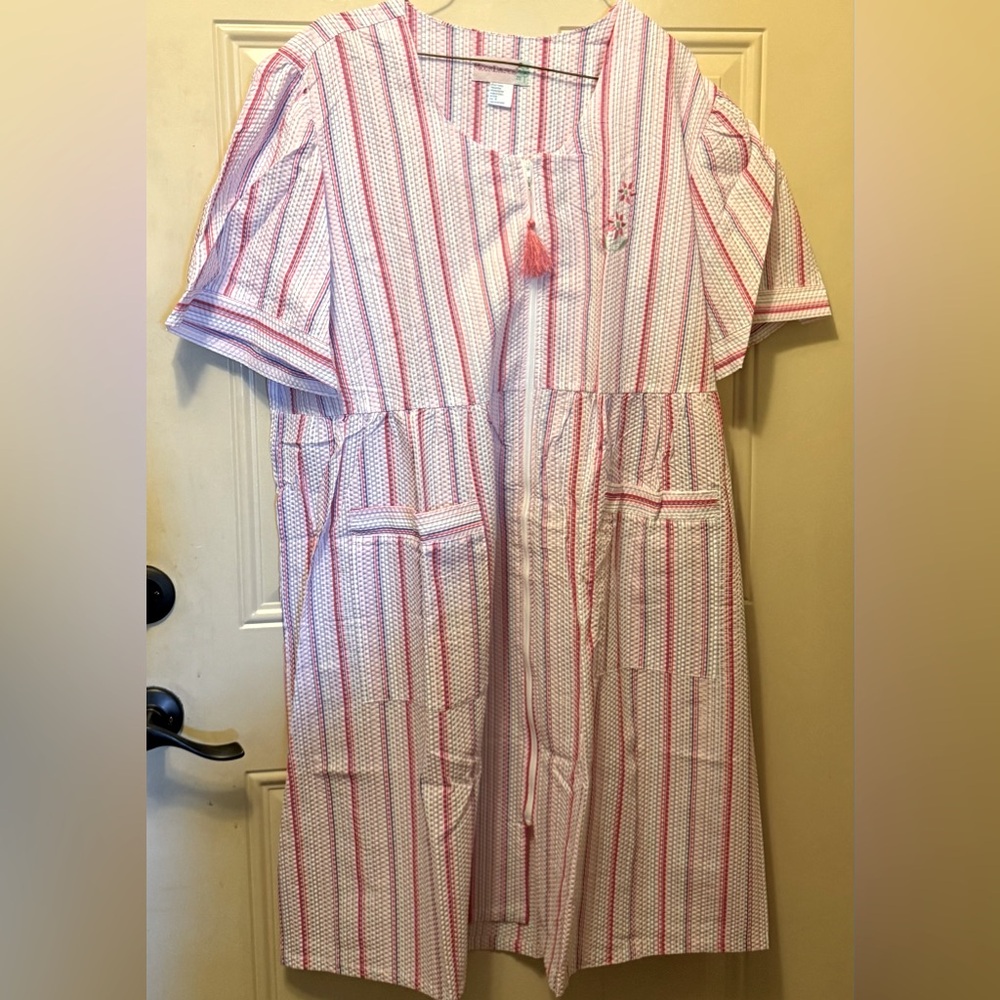 Moon Dance Cotton Blend Seersucker House Dress Pink and Purple Stripes Size 1X